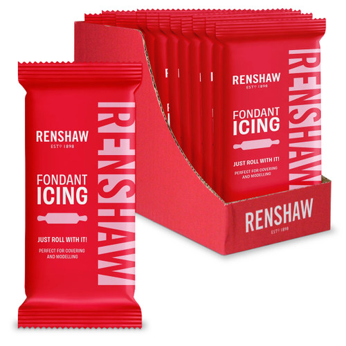 Open red box with twelve 250g Renshaw fondant inside. One block of fondant sits next to the box.