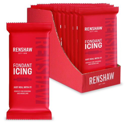 Open red box with twelve 250g Renshaw fondant inside. One block of fondant sits next to the box.