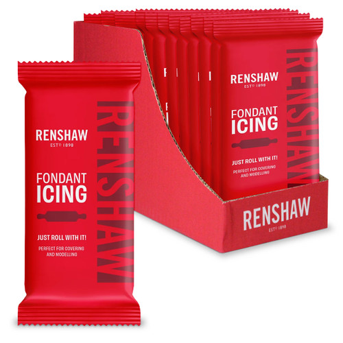 Open red box with twelve 250g Renshaw fondant inside. One block of fondant sits next to the box.