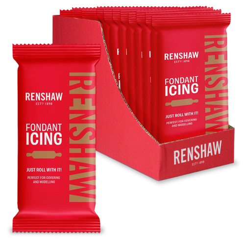 Open red box with twelve 250g Renshaw fondant inside. One block of fondant sits next to the box.