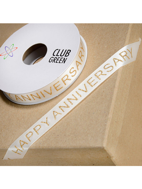 "Happy Anniversary" Ivory and Gold Ribbon - 15mm x 10m