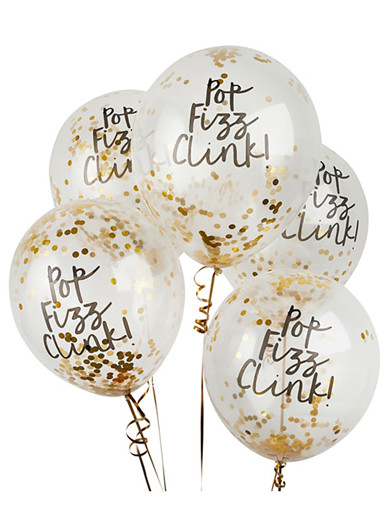 5 Gold Confetti Balloons - Pop, Fizz, Clink