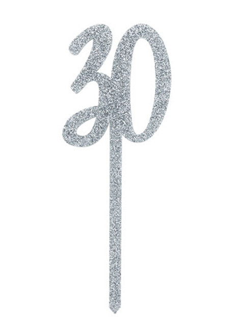 '30' Glitter Acrylic Cake Topper - Silver