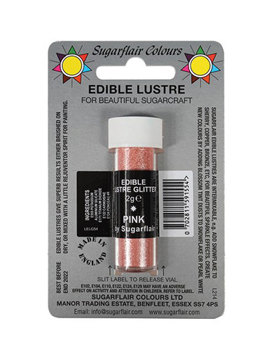 A tube of  Sugarflair Edible Lustre Glitter Dust Pink in display packet