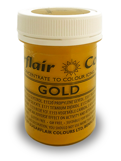 A pot of Sugarflair Satin Paste Gold