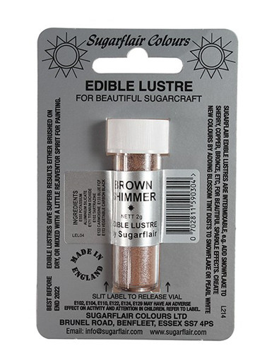 A tube of  Sugarflair BROWN SHIMMER Edible Lustre Dust Powder in display packet