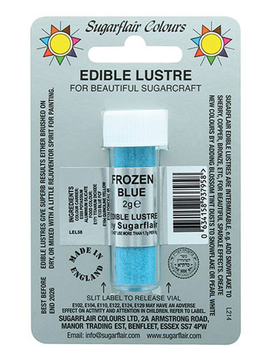 A tube of  Sugarflair FROZEN BLUE Edible Lustre Dust Powder Colour in display packet