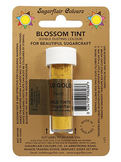 A tube of SugarFlair Blossom Tint Old Gold in display packet