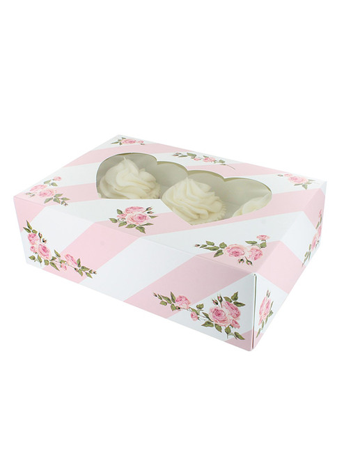 Cupcake Box - Holds 6 or 12 - Pink Heart Window - Pack of 20