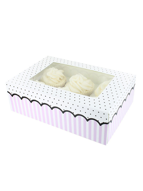 Cupcake Box - Holds 6 or 12 - Pink Spots & Stripes