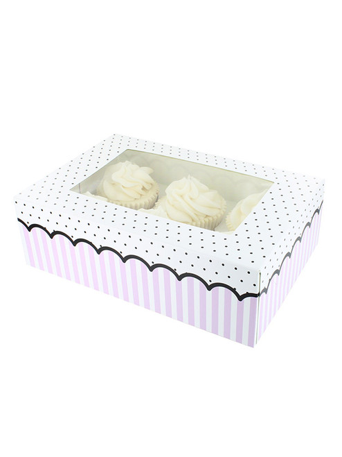 Pink Spots & Stripes Cupcake Box - Holds 6 or 12