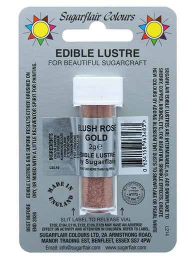 A tube of Sugarflair BLUSH ROSE GOLD Edible Lustre Dust Powder in display packet