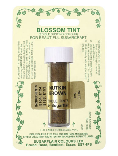 A tube of Sugarflair Blossom Tint Nutkin Brown in display packaging