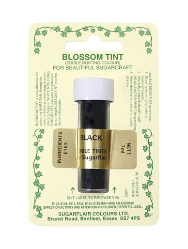 A tube of Sugarflair Blossom Tint Black in display packaging
