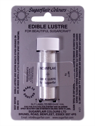 A tube of Sugarflair Snowflake Edible Lustre Dust Powder in display packaging