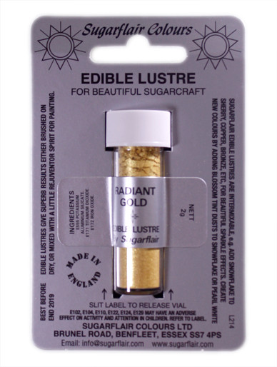 A tube of Sugarflair Radiant Gold Edible Lustre Dust Powder in display packaging