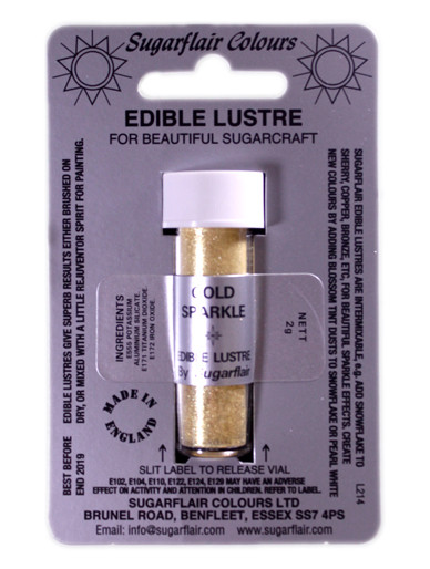 A tube of Sugarflair Gold Sparkle Edible Lustre Dust Powder in display packaging