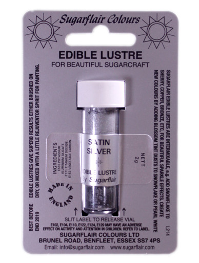 A tube of Sugarflair Satin Silver Edible Lustre Dust Powder in display packaging