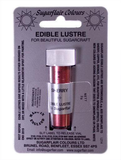 A tube of Sugarflair Sherry Edible Lustre Dust Powder in display packaging