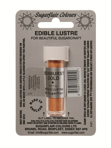 A tube of Sugarflair Sunburnt Gold Edible Lustre Dust Powder in display packaging
