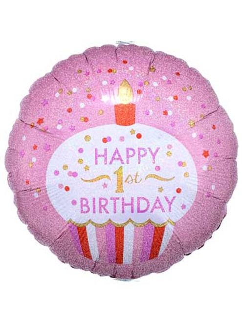 Happy 1st Birthday - Pink Cupcake Balloon - 18" Foil