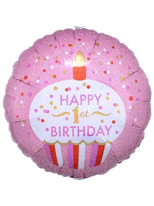 Helium Filled - Happy 1st Birthday - Pink Cupcake Balloon - 18" Foil