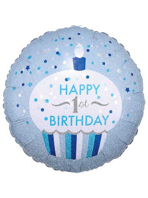 Happy 1st Birthday - Blue Cupcake Balloon - 18" Foil