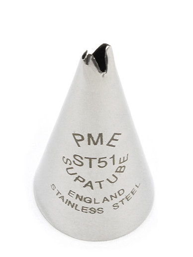 PME medium leaf tube piping nozzle in stainless steel finish, part of the PME cake decorating tip range for buttercream and royal icing work.