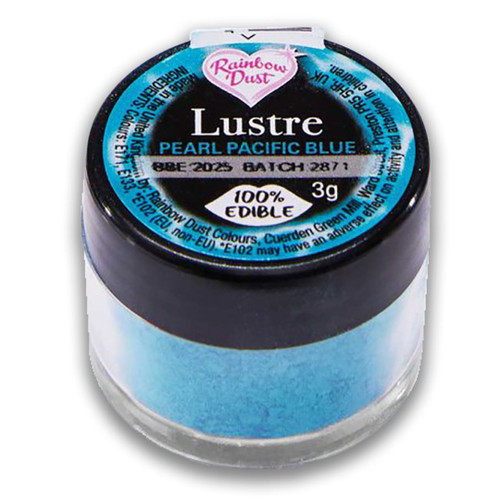 Rainbow Dust Lustre Pearl Pacific Blue dust in a small clear pot with a black lid.