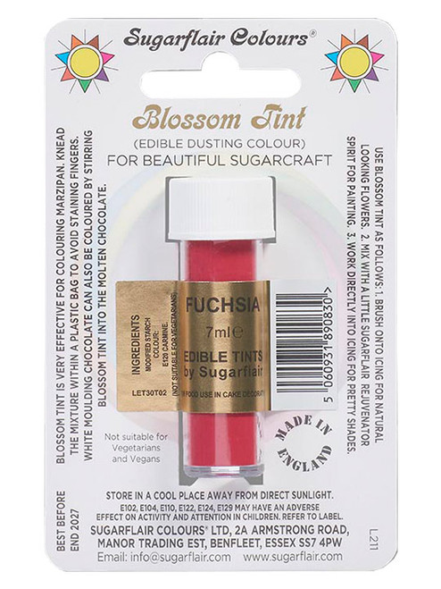 A tube of Sugarflair Blossom Tint Fuchsia in display packaging