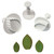 Realistic sugarcraft esmbossed rose leaf decorations displayed beside matching PME plunger cutters.