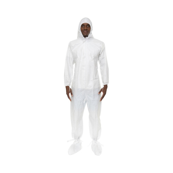 International Enviroguard CE11019CIS-2XL GammaGuard CE, Sterile Coverall, with Attached Hood & Boot, Tunnelized Elastic Wrists, Ankles, Back.  Thumb Loops.  Ankle Ties. Storm Flap over Zipper. Serged Seams, Sterilized to 10-6, Individually