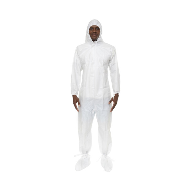 International Enviroguard CE11019CIS-L GammaGuard CE, Sterile Coverall, with Attached Hood & Boot, Tunnelized Elastic Wrists, Ankles, Back.  Thumb Loops.  Ankle Ties. Storm Flap over Zipper. Serged Seams, Sterilized to 10-6, Individually