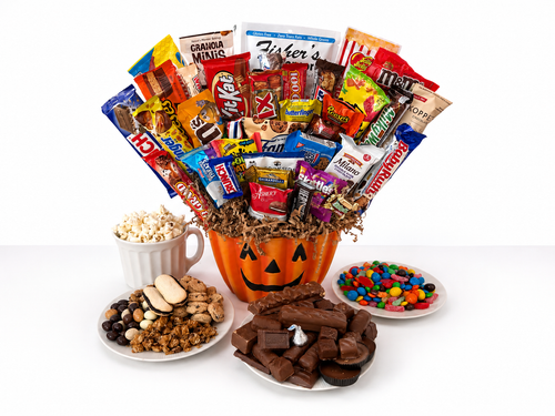 Pumpkin Patch Treats Halloween gift basket filled with assorted chocolates, candy, cookies, popcorn and sweet snacks