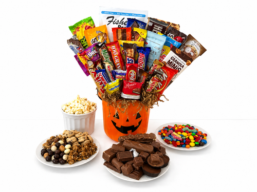 Happy Halloween Haul 8-inch pumpkin gift basket filled with assorted chocolate, candy, cookies, popcorn and snacks