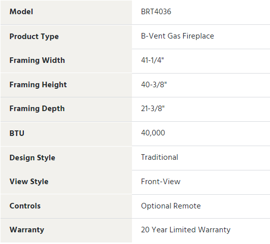 Superior 42 BRT4542 B-Vent GAS Fireplace, Electronic / Propane