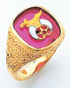 GOLD SHIRINE RING WITH SQUARE FACE AND RED STONE 