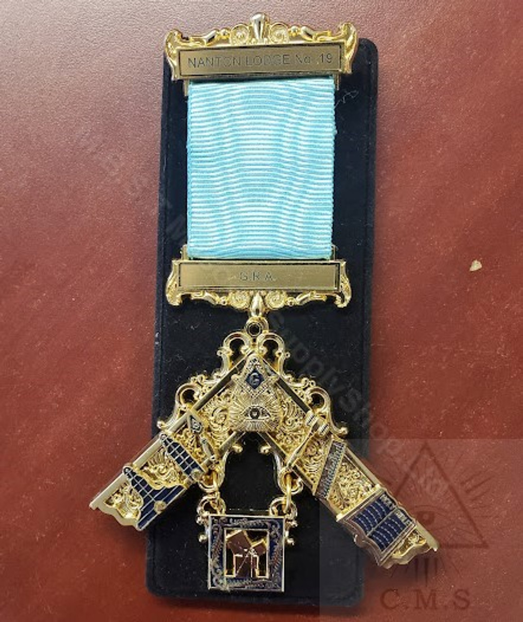 Past Master Breast Jewel with Working Tools Gold Finish 2 Bar Craft Blue-7