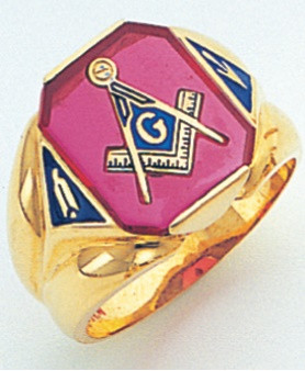 Gold Masonic Ring with Retangular Face and Red Onyx stone Ring Style 005