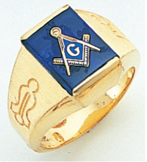 Masonic Gold Ring Rectangular Face with Blue Stone style 010