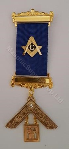 Past Master Breast Jewel  With Gold Square and Compass on Blue Ribbon-14