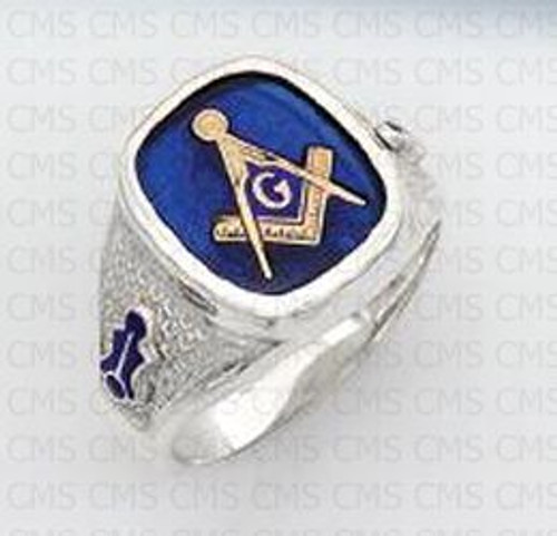Square Sterling Silver Blue Lodge Masonic Ring with Stone & Symbols Style 26