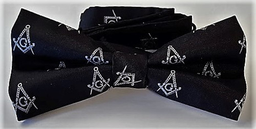 Masonic Black Bow Tie with Silver Square and Compass Design