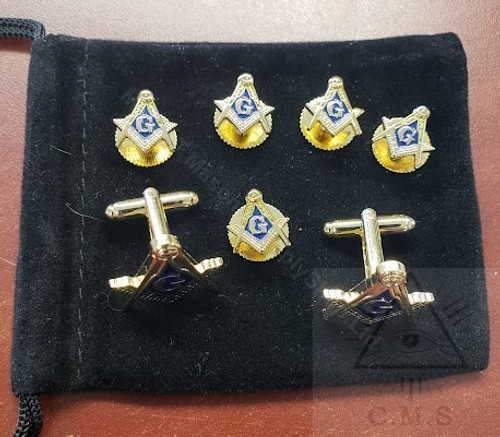 Gold Square & Compass Masonic Cuff Links and 5  Stud Set 