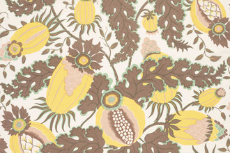 Christopher Farr Cloth Carnival Indoor Print Stockholm. A detailed botanical illustration featuring large stylised flowers in shades of brown, plaster pink, yellow and mint green, with intricate leaves and stems on a light background.