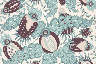 Christopher Farr Cloth Carnival Indoor Print Old Blue. A detailed botanical illustration featuring large stylised flowers in shades of blue, yellow and grey, with intricate leaves and stems on a light background.