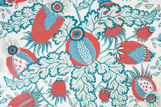 Christopher Farr Cloth Carnival Indoor Print Aubergine. A detailed botanical illustration featuring large stylised flowers in shades of red, blue and white, with intricate leaves and stems on a light background.