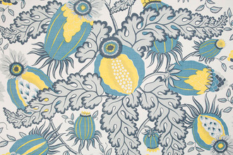 Christopher Farr Cloth Carnival Indoor Print Old Blue. A detailed botanical illustration featuring large stylised flowers in shades of blue, yellow and grey, with intricate leaves and stems on a light background.