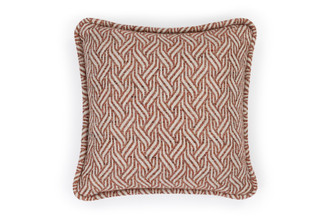 Front View Woven ‘Tangle’ cushion in Terracotta shades with rich texture and thick self-piped edge. Fabric designed by And Objects and woven in Belgium. Pattern placement is unique to each.