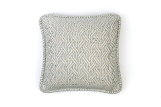 Front View of Woven ‘Tangle’ cushion in aqua tones with rich yarn texture and thick self-piped edge. Using And Objects fabric and crafted in Belgium. Pattern placement may vary.